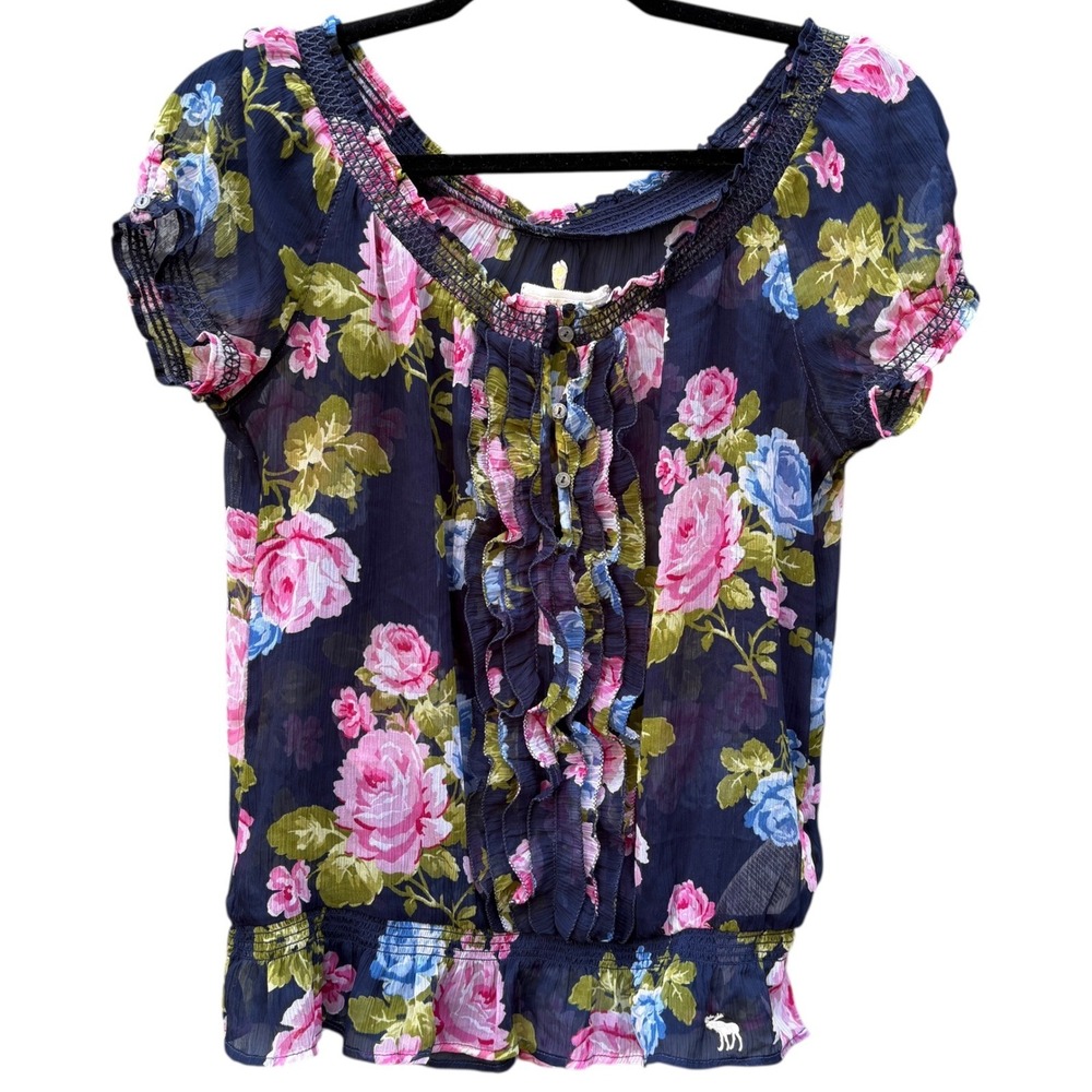 Abercrombie & Fitch Womens M Blouse Navy Pink Floral Ruffle Smocked Sheer Boho